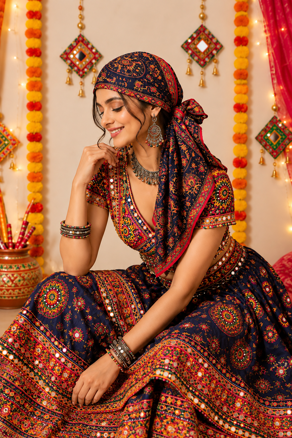Women Navratri Printed Satin Scarf