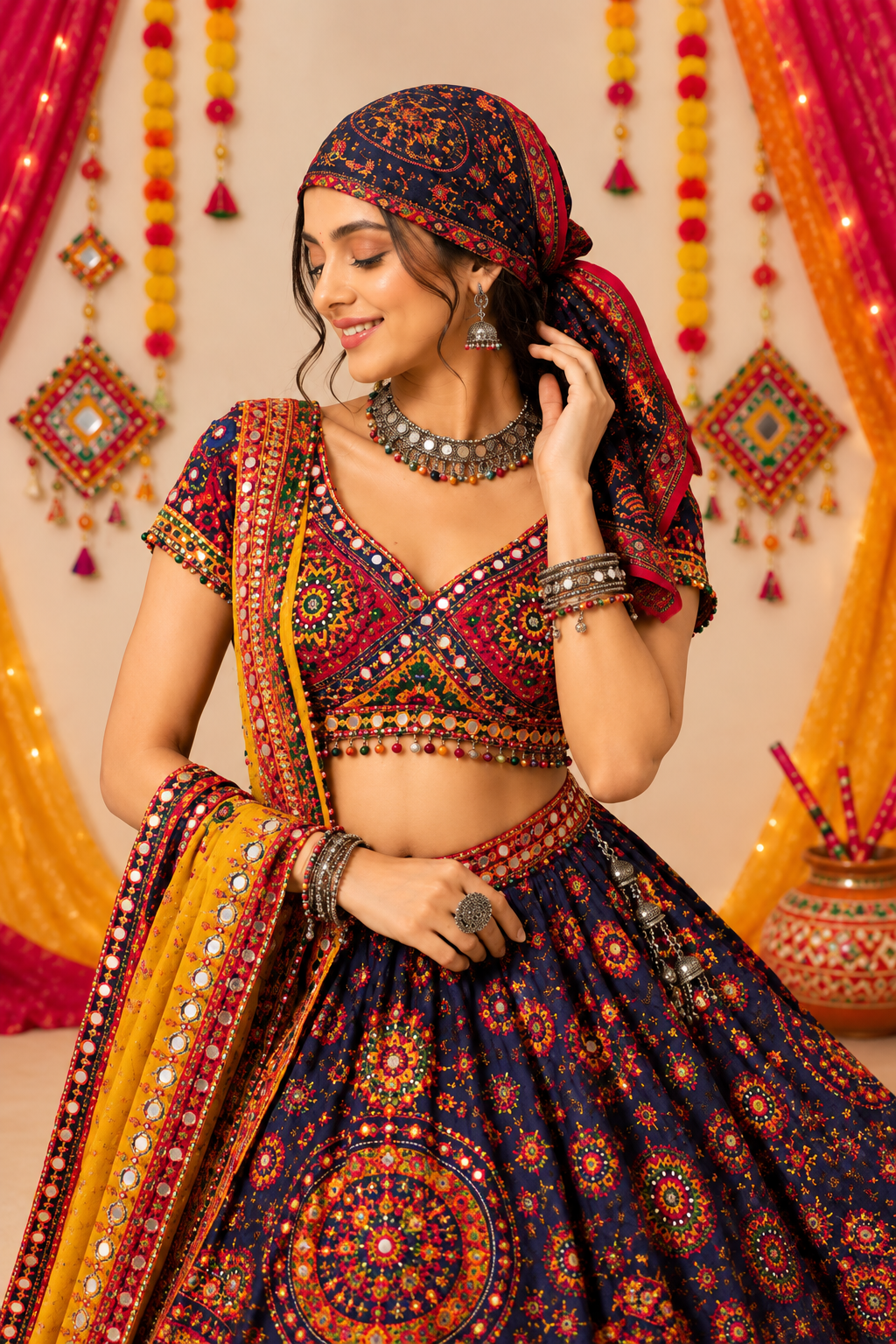 Women Navratri Printed Satin Scarf