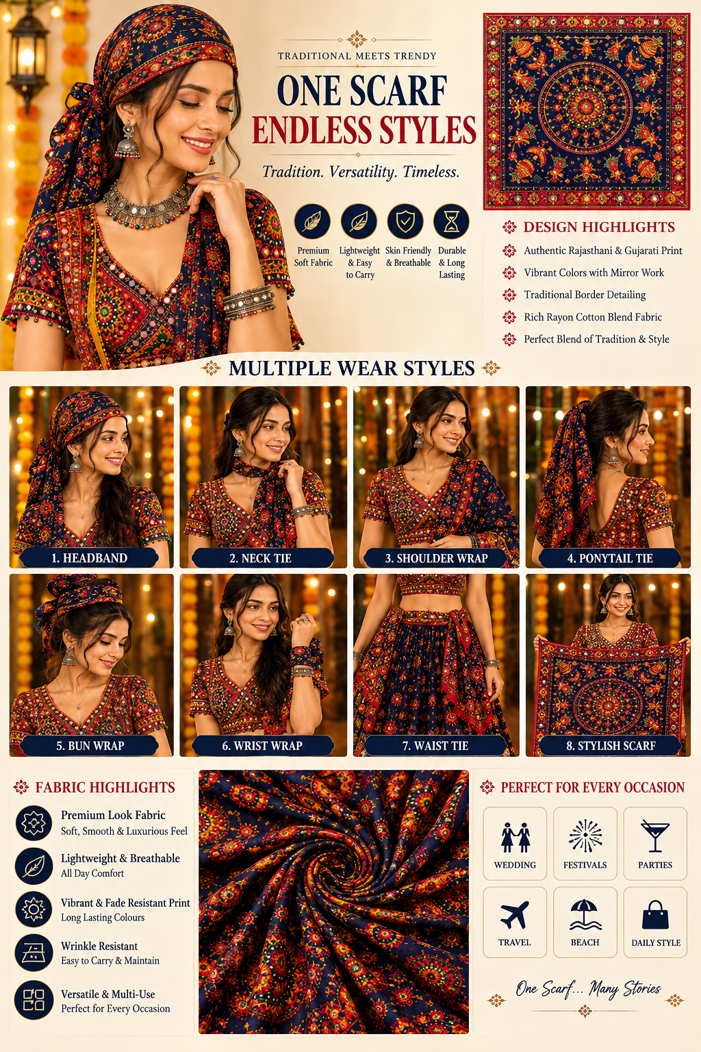 Women Navratri Printed Satin Scarf