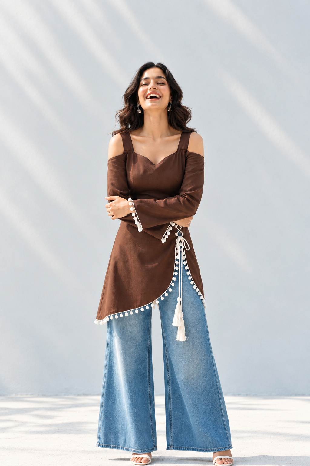 Trending Brown Cold Shoulder Tassel Top with Wide-Leg Denim