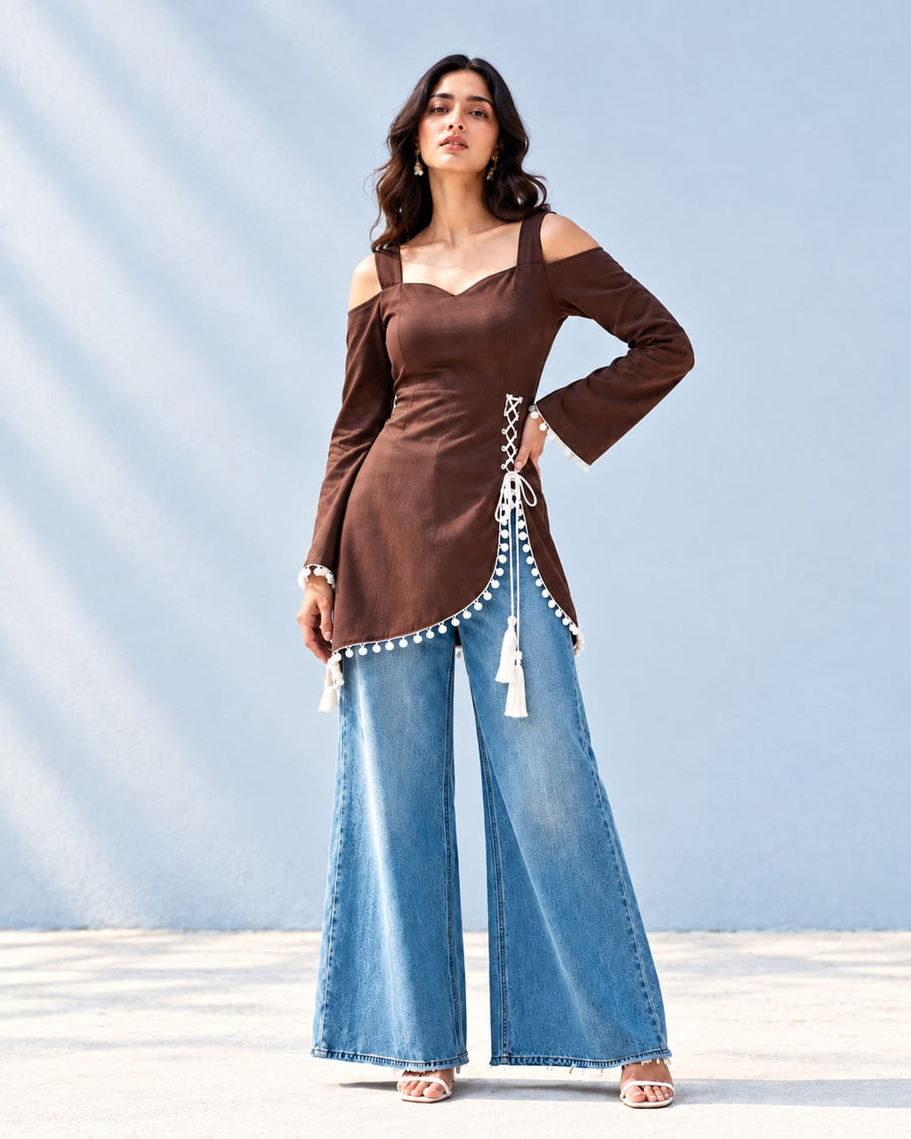 Trending Brown Cold Shoulder Tassel Top with Wide-Leg Denim