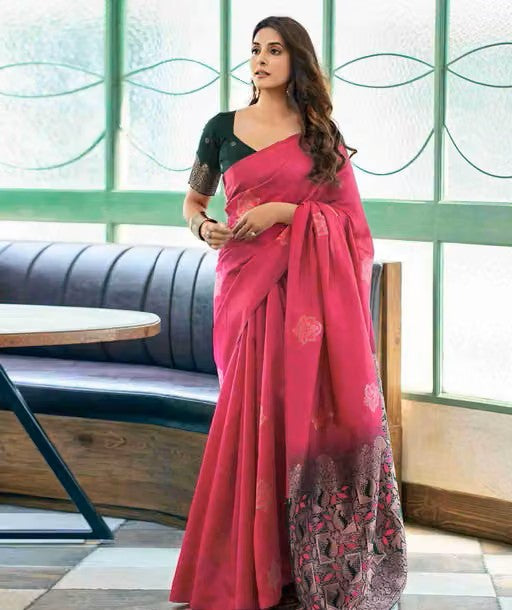 Aformi Floral Banarasi Jacquard Saree for Women, Woven Art Silk Traditional Designer Saree with Blouse
