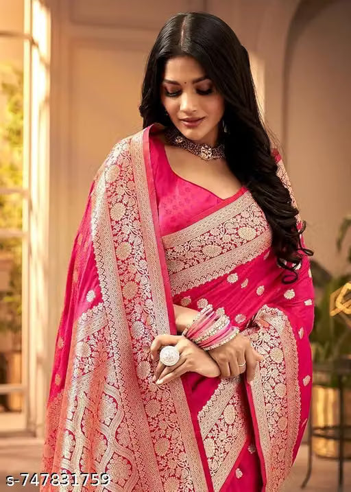 Women's Kanjivaram Soft Banarasi Silk Saree With Blouse Piece pink