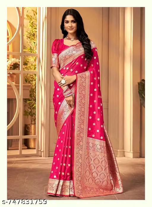 Women's Kanjivaram Soft Banarasi Silk Saree With Blouse Piece pink